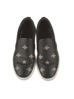 Gucci Mens Black Leather Bee & Star Embroidered Slip-On Loafers